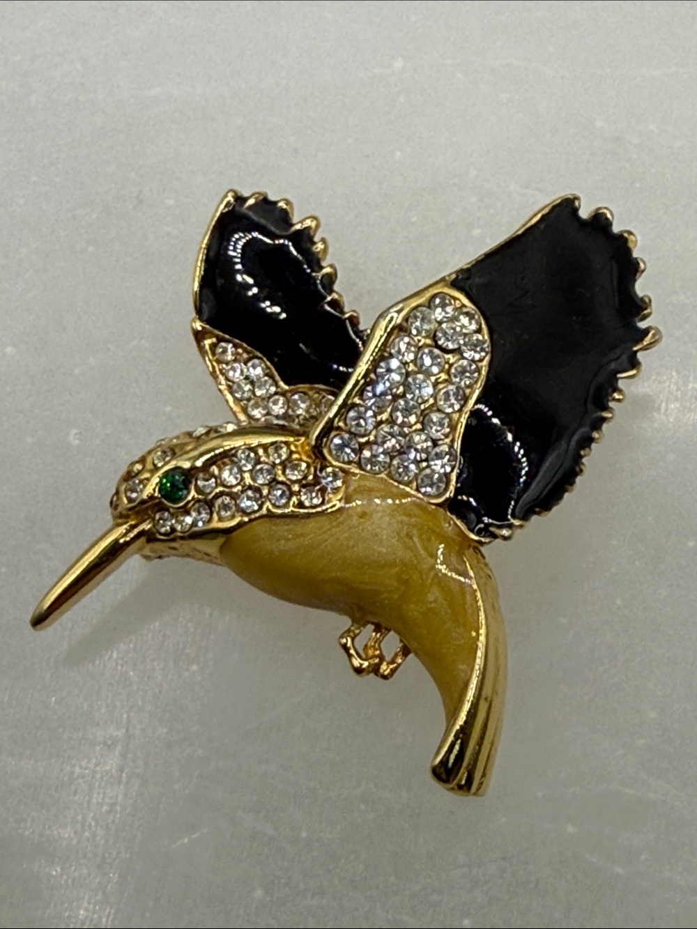 Vintage stunning Golden Hummingbird Bird Brooch Pin - Black & Yellow enamel wow